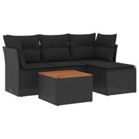 5-delige Loungeset met kussens poly rattan zwart - thumbnail
