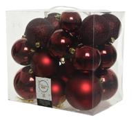 Decoris kerstballen set Plastic 26st ossenbloed 6-8-10cm - thumbnail