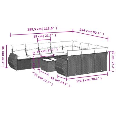 11-delige Loungeset met kussens poly rattan bruin - thumbnail