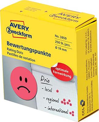Avery rating dots, diameter 19 mm, rol met 250 stuks, smiley, rood Avery rating dots, diameter 19 mm, rol met 250 stuks, smiley, rood