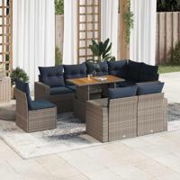 9-delige Loungeset met kussens poly rattan grijs - thumbnail