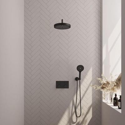 Brauer Stripe thermostatische inbouw regendouche met drukknoppen SET 29 met 25 cm douchekop en gebogen muurarm en 3-standen handdouche en doucheslang en wandaansluitbocht mat zwart