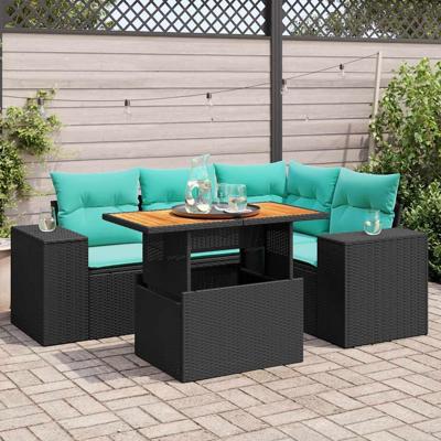 5-delige Loungeset met kussens poly rattan zwart