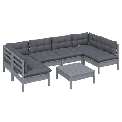 7-delige Loungeset met kussens massief grenenhout grijs - thumbnail