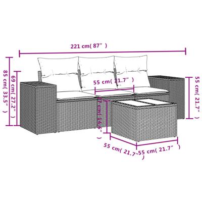 4-delige Loungeset met kussens poly rattan bruin - thumbnail