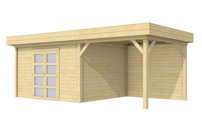 Woodvision Parelhoen blokhut 400x300 cm + overkapping 300 cm vuren blank- Plat dak- Onbehandeld vurenhout- Woodvision