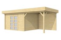 Woodvision Parelhoen blokhut 400x300 cm + overkapping 300 cm vuren blank- Plat dak- Onbehandeld vurenhout- Woodvision - thumbnail