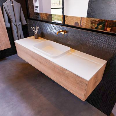 Badkamermeubelset Mondiaz Erin 150 cm met 1 Lade met RIDGE Wastafel Midden Talc Zonder Kraangaten Greeploos Mat Washed Oak