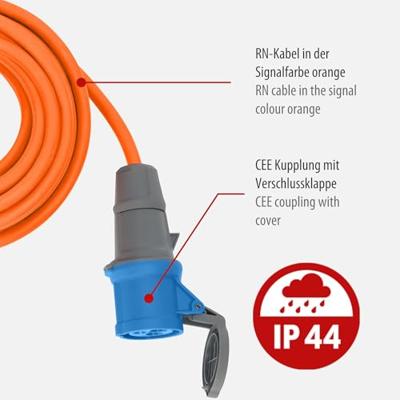 CEE Verlengkabel 10 m (Camping Verlengsnoer H07RN-F 3G2,5 in oranje met CEE-stekker en koppeling met CEE Verlengkabel 10 m (Camping Verlengsnoer H07RN-F 3G2,5 in oranje met CEE-stekker en koppeling met
