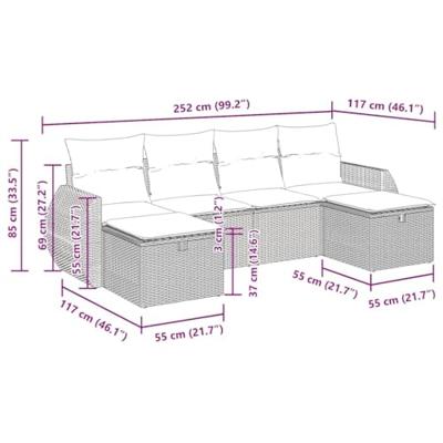 6-delige Loungeset met kussens poly rattan bruin