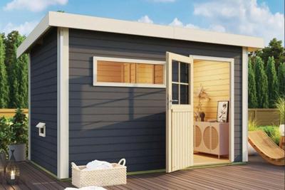 Karibu | Skrollan 3 Buitensauna Terragrijs | Klassieke Deur | Kachel 9 kW Externe Bediening Karibu | Skrollan 3 Buitensauna Terragrijs | Klassieke Deur | Kachel 9 kW Externe Bediening