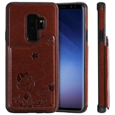 Voor Galaxy S9 plus Kat Bee reliëf patroon schokbestendige beschermende case met kaartsleuven & fotolijstjes (bruin)