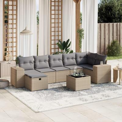 8-delige Loungeset met kussens poly rattan gemengd beige
