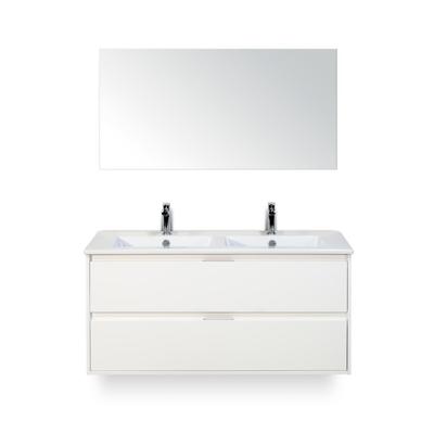 Porto Badmeubelset 120 cm - 2 laden Wit Hoogglans - Keramische Wastafel Wit Slim - met Spiegel
