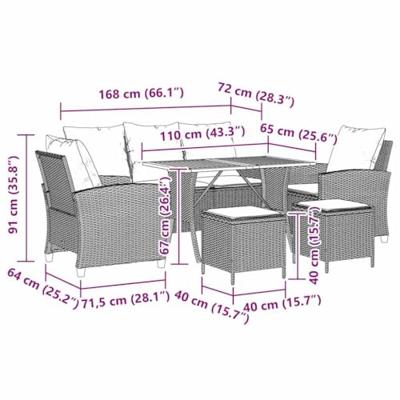 6-delige Loungeset met kussens poly rattan zwart