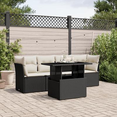 5-delige Loungeset met kussens poly rattan zwart - thumbnail