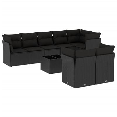 8-delige Loungeset met kussens poly rattan zwart - thumbnail
