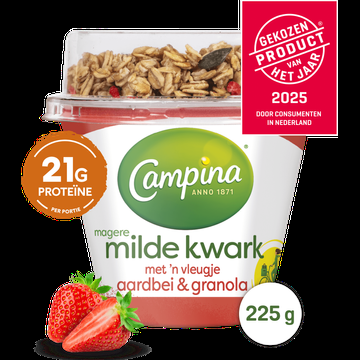 Campina Magere Milde Kwark 'n met Vleugje Aardbei & Granola 225 g bij Jumbo Campina Magere Milde Kwark 'n met Vleugje Aardbei & Granola 225 g bij Jumbo