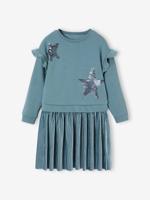 Meisjesfeestjurk van twee materialen met sterren van lovertjes grijsblauw - thumbnail