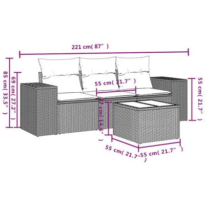 4-delige Loungeset met kussens poly rattan lichtgrijs - thumbnail