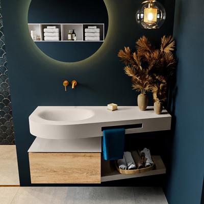 MONDIAZ RIVA 120cm badmeubel onderkast / planchet kleur Washed_Oak met 1 lade. Wastafel DULCET links 0 kraangaten kleur Linen.