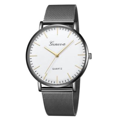 Geneva Fashion quartz horloge mannen vrouwen mesh roestvrijstaal horlogebandje (zwarte schelp witte wijzerplaat gouden naald)