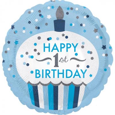 Folieballon 1 Jaar Cupcake Blauw Rond (43cm)