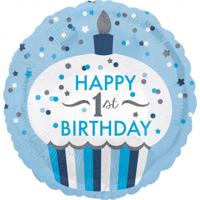 Folieballon 1 Jaar Cupcake Blauw Rond (43cm) - thumbnail