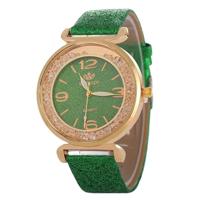 FULAIDA vrouwen Strass goud poeder PU lederen riem quartz horloge (groen) - thumbnail