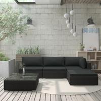 5-delige Loungeset met kussens poly rattan zwart - thumbnail