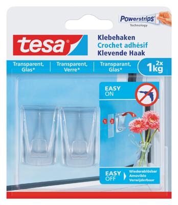 Tesa Klevende haak voor Transparant en Glas, draagvermogen 1 kg, blister van 2 stuks