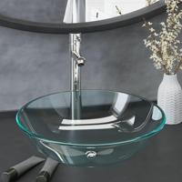 VidaXL Wastafel met kraan en pop-up afvoer gehard glas transparant - thumbnail