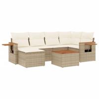 7-delige Loungeset met kussens poly rattan beige - thumbnail