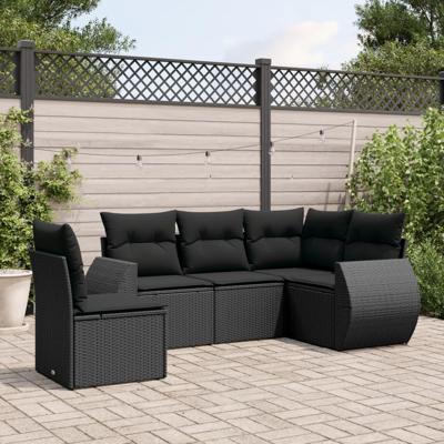 5-delige Loungeset met kussens poly rattan zwart - thumbnail