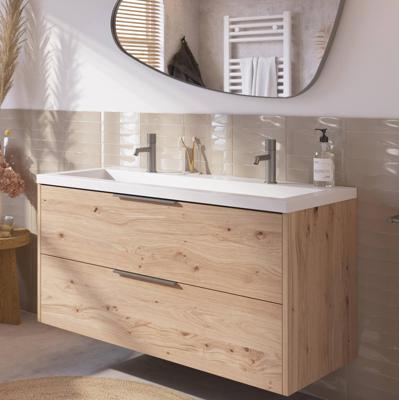 Saqu Lima badmeubel incl. mat witte wastafel met 2 kraangaten 120x52x64cm naturel eiken - rvs greep