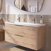 Saqu Lima badmeubel incl. mat witte wastafel met 2 kraangaten 120x52x64cm naturel eiken - rvs greep - thumbnail
