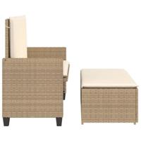 Tuinbank met kussens en voetenbank poly rattan beige - thumbnail