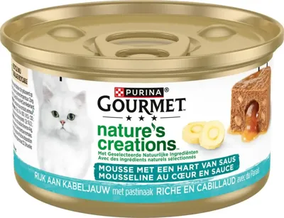 GOURMET Nature's Creations Mousse met een Hart van Saus, Rijk aan Kabeljauw met pastinaak, nat kattenvoer, 85g