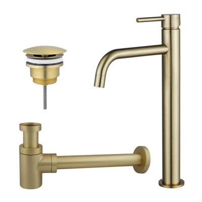 Fortifura Calvi Slim Wastafelkraanset - verhoogde wastafelkraan - always open plug - verlaagde design sifon - Geborsteld Messing PVD (Goud) SW720546/SW696208/SW696218
