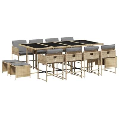 13-delige Tuinset met kussens poly rattan gemengd beige