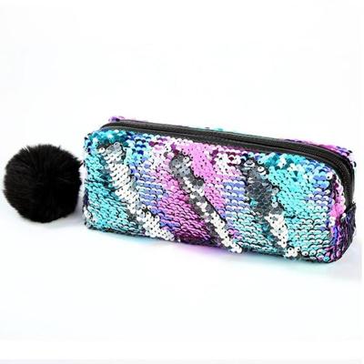 3 stuks omkeerbare Sequin potlood geval voor meisjes school levert super grote briefpapier gift magische make-up tas (Magic blauw + zilver)