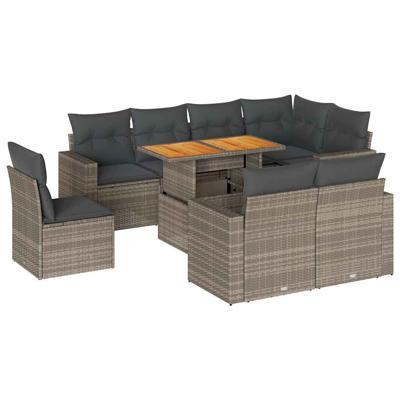 9-delige Loungeset met kussens poly rattan grijs