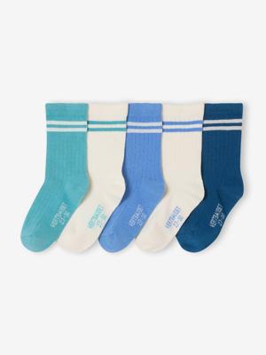 Set van 5 paar gestreepte geribbelde sokken voor jongens blauw