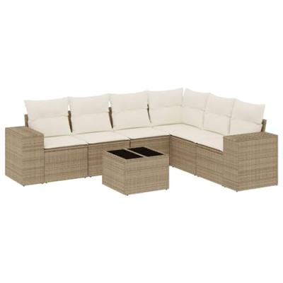 7-delige Loungeset met kussens poly rattan beige
