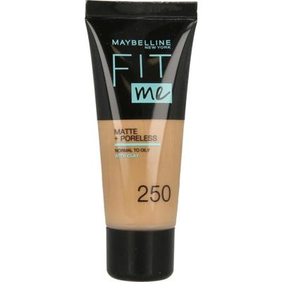 Maybelline Fit Me Matte + Poreless Foundation - 250 Sun Beige - Medium Dekkende Foundation met Matte Finish voor de Normale tot Vette Huid - 30 ml