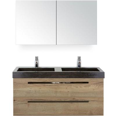 Seville Badmeubelset 120 cm - 2 Laden Natuur Eiken - Wastafel Lucca Dubbel met Spiegelkast