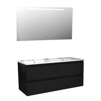 Badkamermeubel BWS Pepper Wastafel Porselein Twee Kraangaten Incl Spiegel Met LED Verlichting 120x55x46 cm Mat Zwart