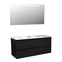 Badkamermeubel BWS Pepper Wastafel Porselein Twee Kraangaten Incl Spiegel Met LED Verlichting 120x55x46 cm Mat Zwart - thumbnail