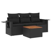 4-delige Loungeset met kussens poly rattan zwart - thumbnail
