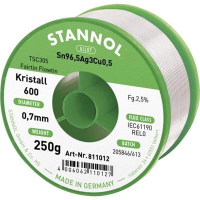 Stannol Kristall 600 Fairtin Soldeertin, loodvrij Loodvrij Sn96,5Ag3Cu0,5 REL0 250 g 0.7 mm Stannol Kristall 600 Fairtin Soldeertin, loodvrij Loodvrij Sn96,5Ag3Cu0,5 REL0 250 g 0.7 mm